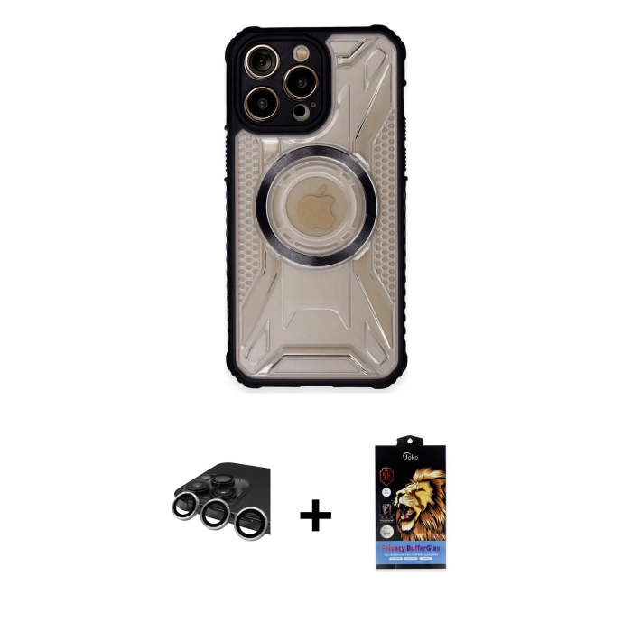 MARSİLYAN™- iPhone 14 Pro Max Kılıf Kutup Modern - Siyah Buffer Hayalet Cam Ekran Koruyucu + Raze Metal Kamera Lens - GS