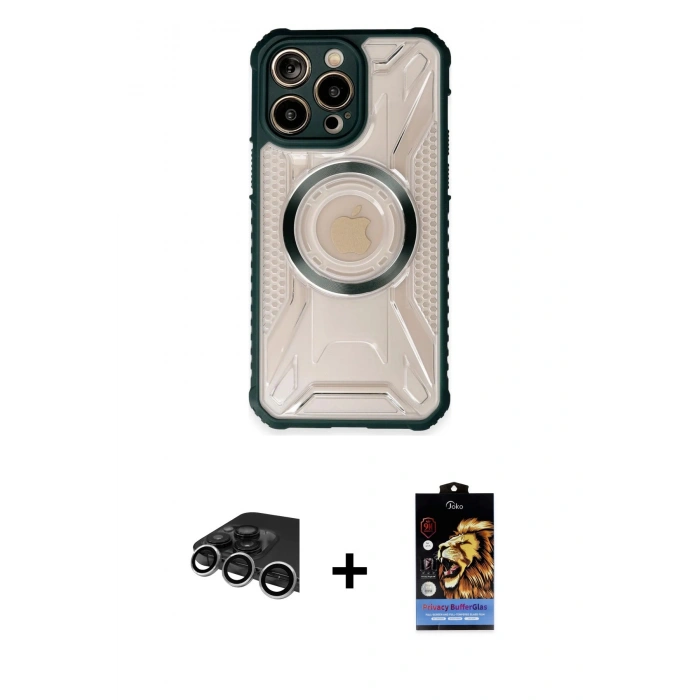 MARSİLYAN™- iPhone 14 Pro Max Kılıf Kutup Modern - Siyah Buffer Hayalet Cam Ekran Koruyucu + Raze Metal Kamera Lens - GS