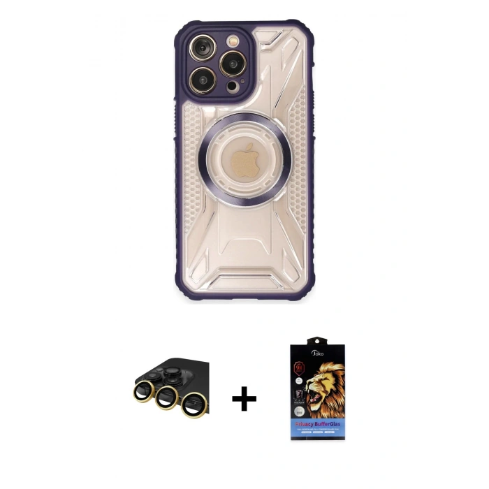 MARSİLYAN™- iPhone 14 Pro Max Kılıf Kutup Modern - Siyah Buffer Hayalet Cam Ekran Koruyucu + Raze Metal Kamera Lens - GD