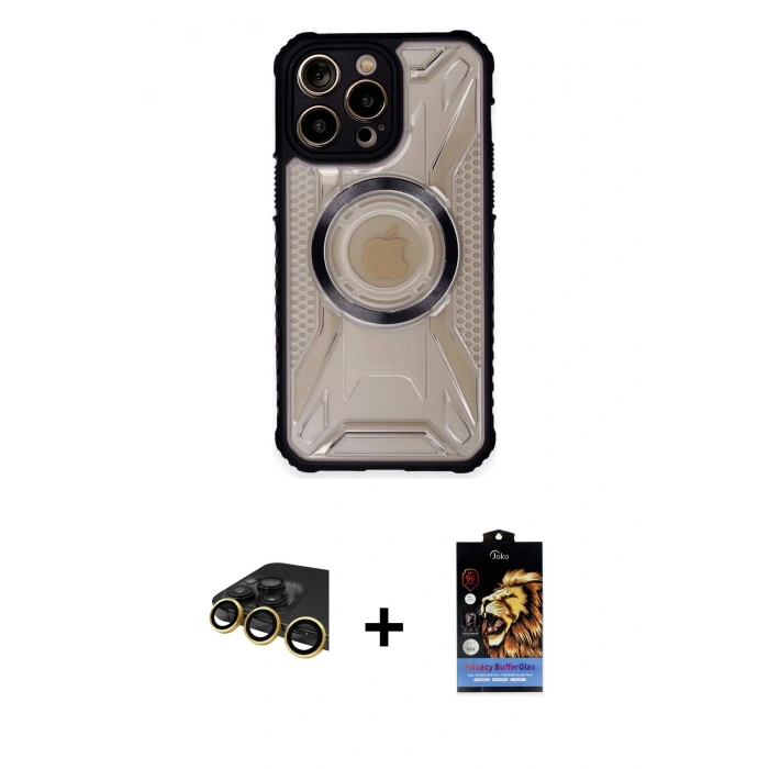MARSİLYAN™- iPhone 14 Pro Max Kılıf Kutup Modern - Siyah Buffer Hayalet Cam Ekran Koruyucu + Raze Metal Kamera Lens - GD