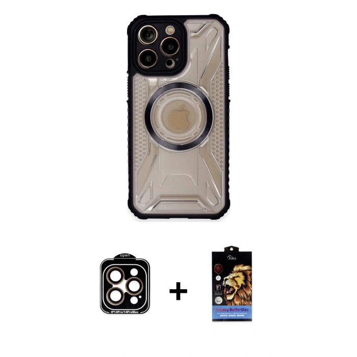 MARSİLYAN™- iPhone 14 Pro Max Kılıf Kutup Modern - Siyah Buffer Hayalet Cam Ekran Koruyucu + PVD Metal Kamera Lens - TU