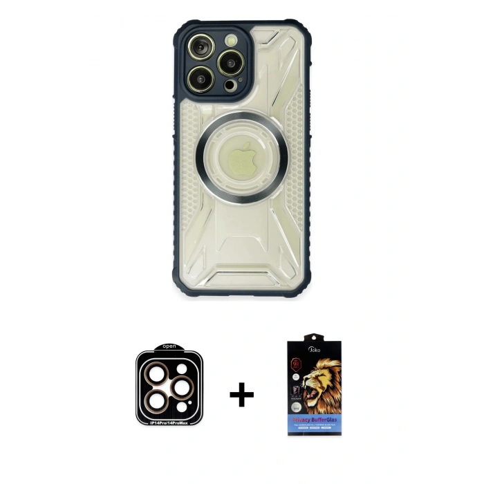 MARSİLYAN™- iPhone 14 Pro Max Kılıf Kutup Modern - Siyah Buffer Hayalet Cam Ekran Koruyucu + PVD Metal Kamera Lens - TU