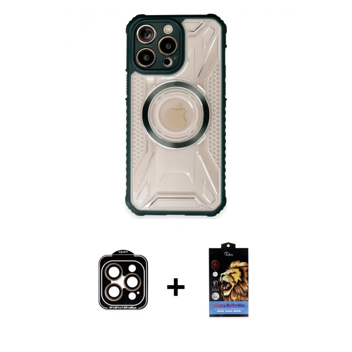 MARSİLYAN™- iPhone 14 Pro Max Kılıf Kutup Modern - Siyah Buffer Hayalet Cam Ekran Koruyucu + PVD Metal Kamera Lens - TU
