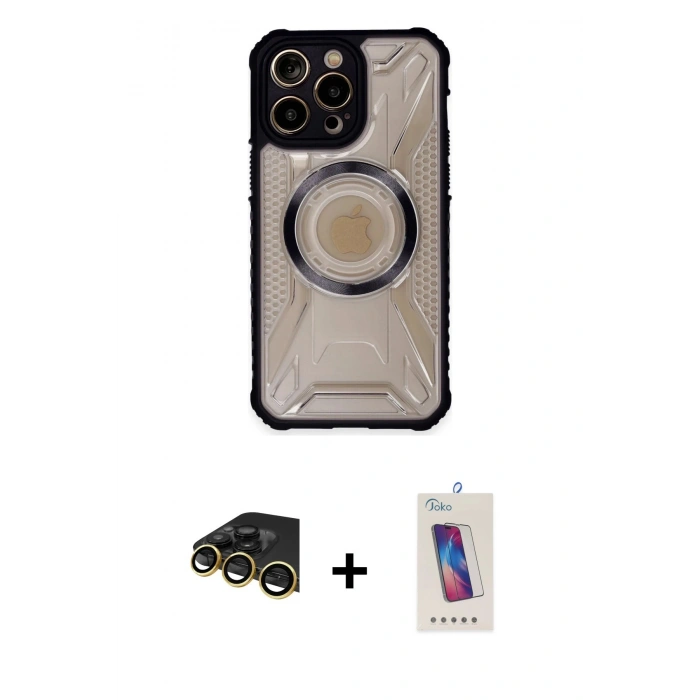 MARSİLYAN™- iPhone 14 Pro Max Kılıf Kutup Modern - Siyah Joko 5D Cam + Gold Raze Metal Kamera Lens