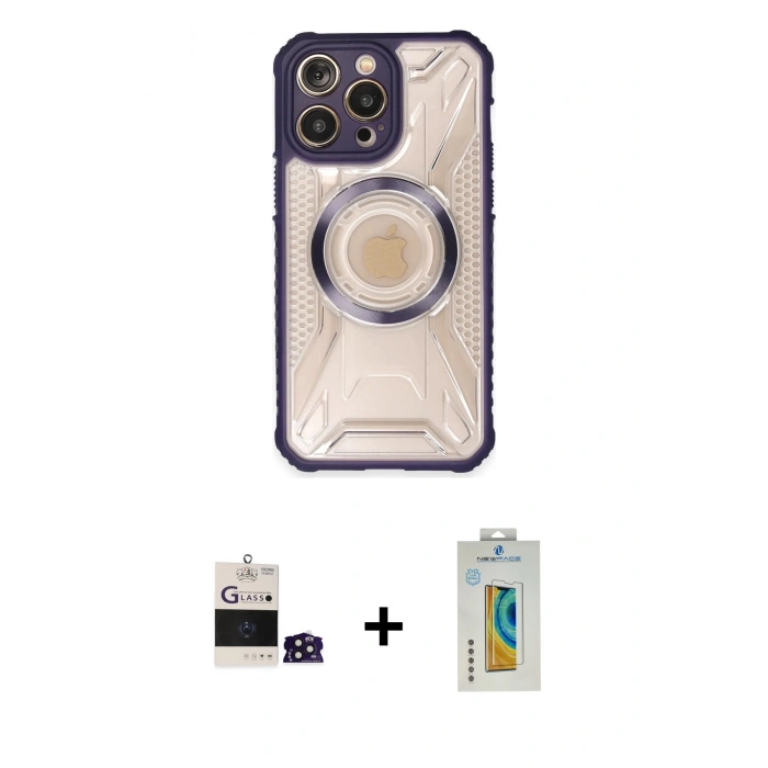 MARSİLYAN™- iPhone 14 Pro Max Kılıf Kutup Modern - Siyah Polymer Nano Ekran Koruyucu + Derin Mor Bilvis Titan Kamera Lens