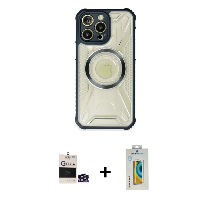 MARSİLYAN™- iPhone 14 Pro Max Kılıf Kutup Modern - Siyah Polymer Nano Ekran Koruyucu + Derin Mor Bilvis Titan Kamera Lens