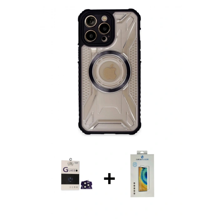MARSİLYAN™- iPhone 14 Pro Max Kılıf Kutup Modern - Siyah Polymer Nano Ekran Koruyucu + Derin Mor Bilvis Titan Kamera Lens