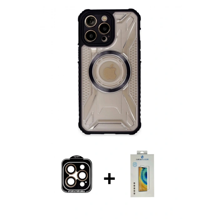 MARSİLYAN™- iPhone 14 Pro Max Kılıf Kutup Modern - Siyah Polymer Nano Ekran Koruyucu + PVD Metal Kamera Lens - TU