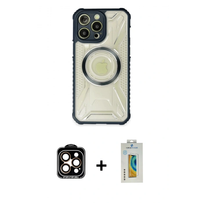 MARSİLYAN™- iPhone 14 Pro Max Kılıf Kutup Modern - Siyah Polymer Nano Ekran Koruyucu + PVD Metal Kamera Lens - TU