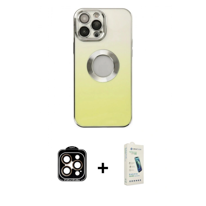 MARSİLYAN™- iPhone 14 Pro Max Kılıf Kutup Yansıma Özel Seri - Şeffaf Pasifik Cam Ekran Koruyucu + PVD Metal Kamera Lens - TU