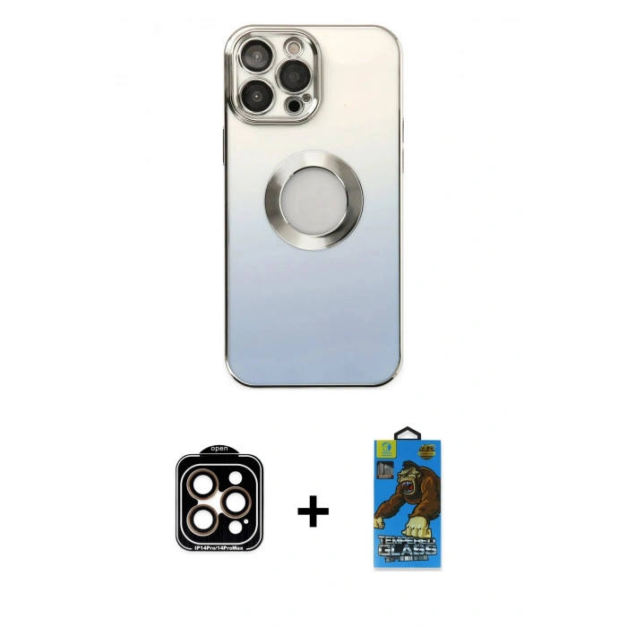 MARSİLYAN™- iPhone 14 Pro Max Kılıf Kutup Yansıma Özel Seri - Siyah 18D Cam Ekran Koruyucu + PVD Metal Kamera Lens - TU