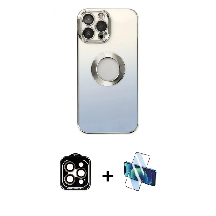 MARSİLYAN™- iPhone 14 Pro Max Kılıf Kutup Yansıma Özel Seri - Siyah 3D Antistatik Cam Ekran Koruyucu + PVD Metal Kamera Lens - TU