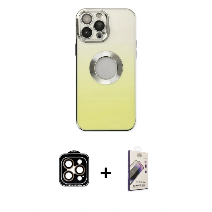 MARSİLYAN™- iPhone 14 Pro Max Kılıf Kutup Yansıma Özel Seri - Siyah Bilvis 3D Mat Cam Ekran Koruyucu + PVD Metal Kamera Lens - TU