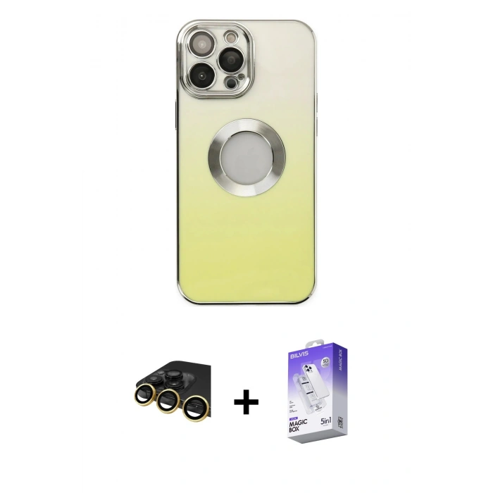 MARSİLYAN™- iPhone 14 Pro Max Kılıf Kutup Yansıma Özel Seri - Siyah Bilvis 5in1 3D Magic Cam Ekran Koruyucu + Gold Raze Metal Kamera Lens