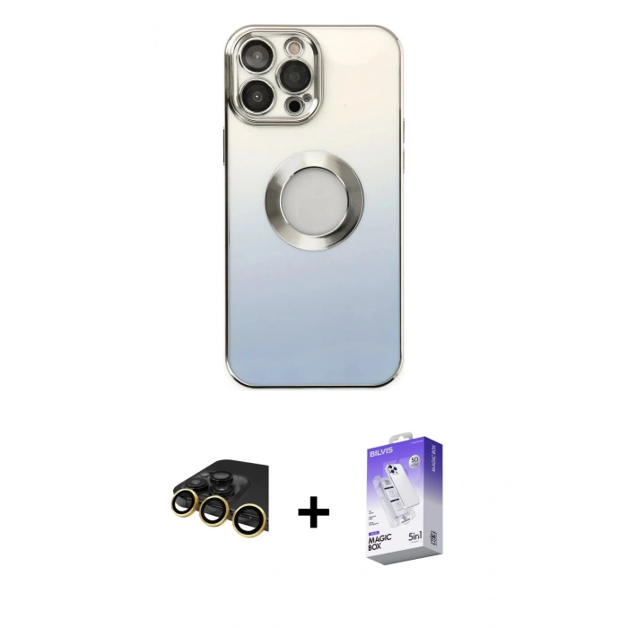 MARSİLYAN™- iPhone 14 Pro Max Kılıf Kutup Yansıma Özel Seri - Siyah Bilvis 5in1 3D Magic Cam Ekran Koruyucu + Gold Raze Metal Kamera Lens