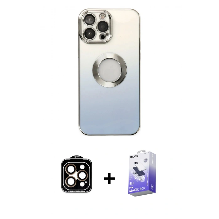 MARSİLYAN™- iPhone 14 Pro Max Kılıf Kutup Yansıma Özel Seri - Siyah Bilvis 5in1 5D Magic Hayalet Cam Ekran Koruyucu + PVD Metal Kamera Lens - TU