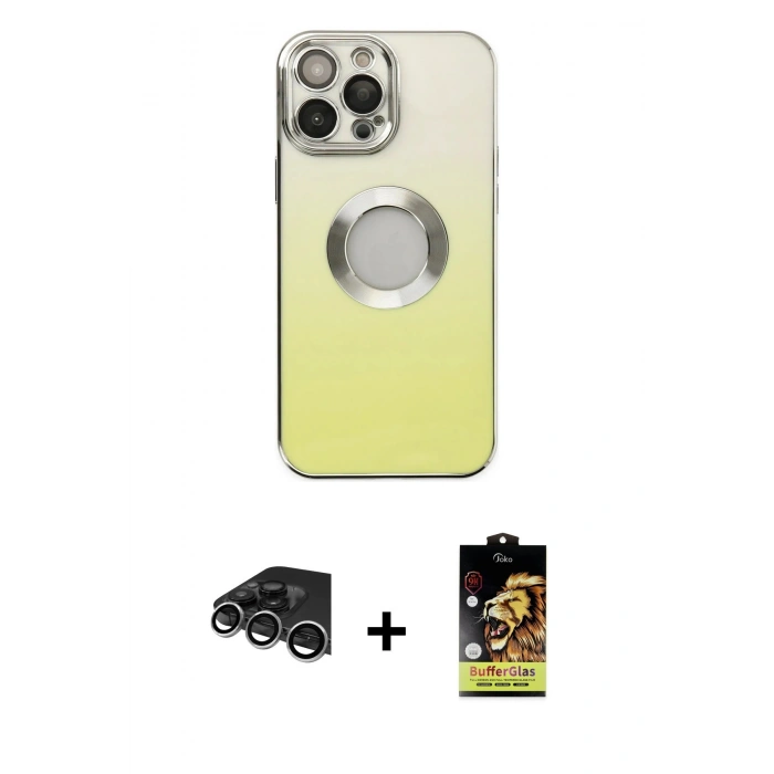 MARSİLYAN™- iPhone 14 Pro Max Kılıf Kutup Yansıma Özel Seri - Siyah Buffer Cam Ekran Koruyucu + Raze Metal Kamera Lens - GS