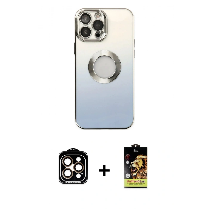 MARSİLYAN™- iPhone 14 Pro Max Kılıf Kutup Yansıma Özel Seri - Siyah Buffer Cam Ekran Koruyucu + PVD Metal Kamera Lens - TU