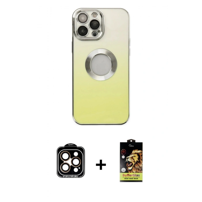 MARSİLYAN™- iPhone 14 Pro Max Kılıf Kutup Yansıma Özel Seri - Siyah Buffer Cam Ekran Koruyucu + PVD Metal Kamera Lens - TU