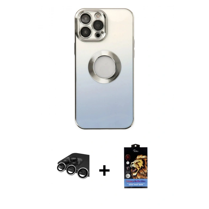MARSİLYAN™- iPhone 14 Pro Max Kılıf Kutup Yansıma Özel Seri - Siyah Buffer Hayalet Cam Ekran Koruyucu + Gümüş Raze Metal Kamera Lens