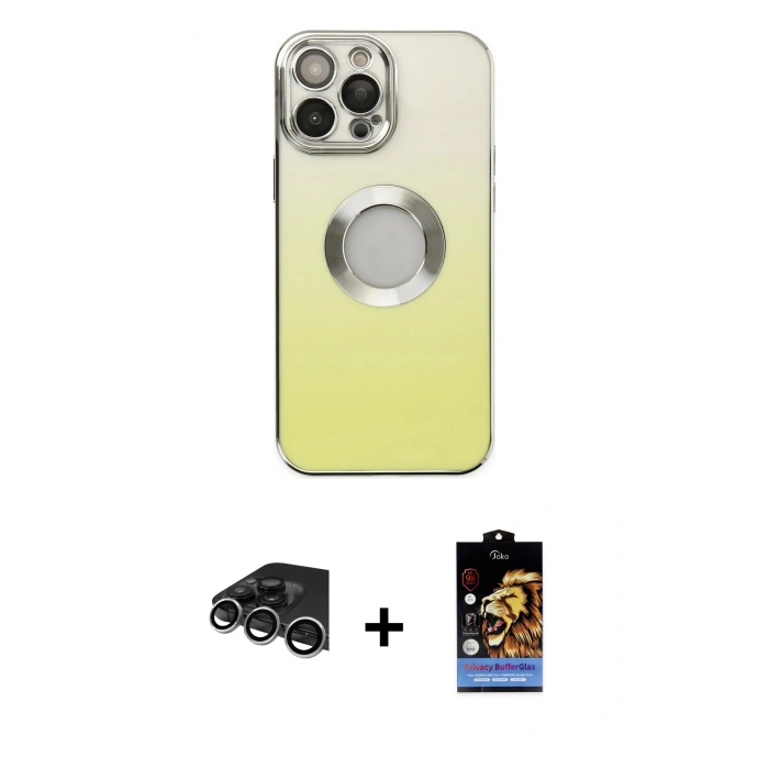 MARSİLYAN™- iPhone 14 Pro Max Kılıf Kutup Yansıma Özel Seri - Siyah Buffer Hayalet Cam Ekran Koruyucu + Gümüş Raze Metal Kamera Lens