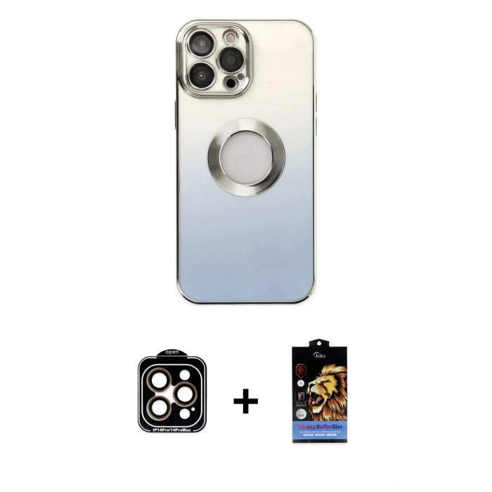 MARSİLYAN™- iPhone 14 Pro Max Kılıf Kutup Yansıma Özel Seri - Siyah Buffer Hayalet Cam Ekran Koruyucu + PVD Metal Kamera Lens - TU