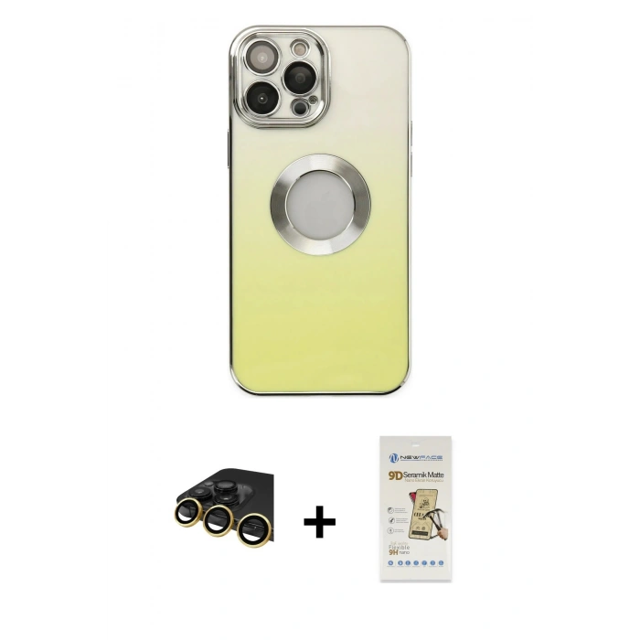 MARSİLYAN™- iPhone 14 Pro Max Kılıf Kutup Yansıma Özel Seri - Siyah Mat Seramik Nano Ekran Koruyucu + Gold Raze Metal Kamera Lens