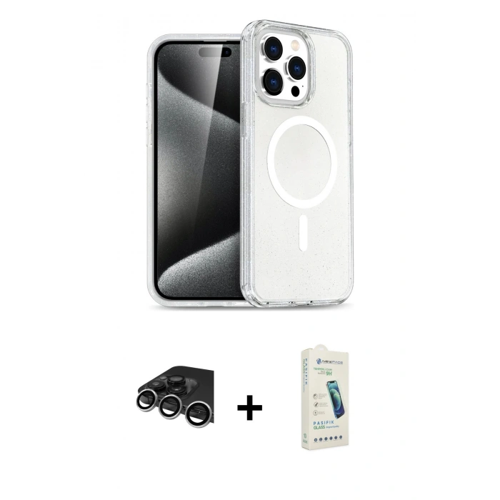 MARSİLYAN™- iPhone 14 Pro Max Kılıf Nova Asil Prime - Şeffaf Pasifik Cam Ekran Koruyucu + Raze Metal Kamera Lens - GS