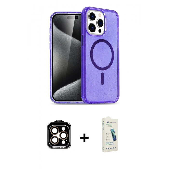 MARSİLYAN™- iPhone 14 Pro Max Kılıf Nova Asil Prime - Şeffaf Pasifik Cam Ekran Koruyucu + PVD Metal Kamera Lens - TU