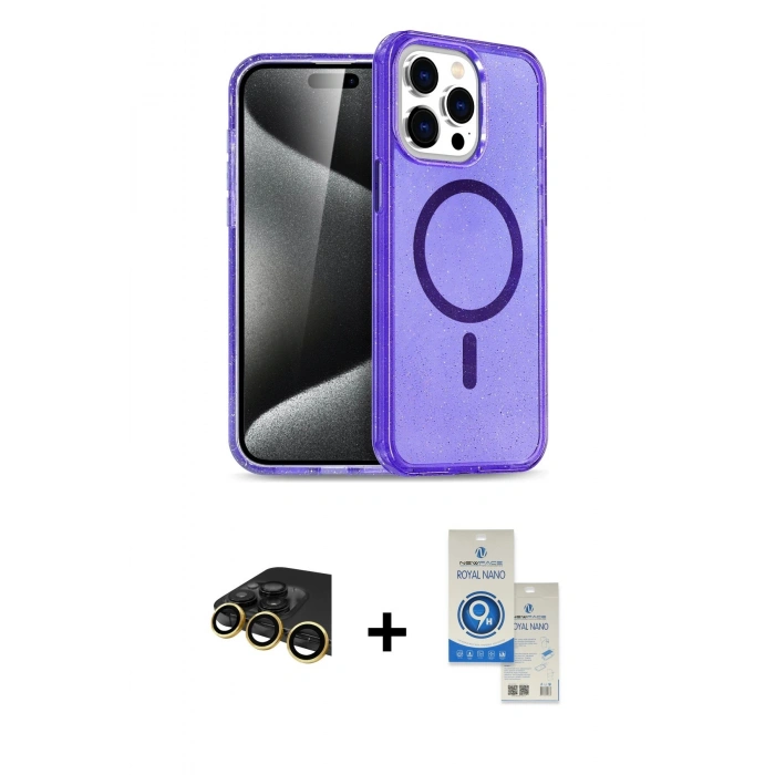 MARSİLYAN™- iPhone 14 Pro Max Kılıf Nova Asil Prime - Şeffaf Royal Nano Ekran Koruyucu + Raze Metal Kamera Lens - GD