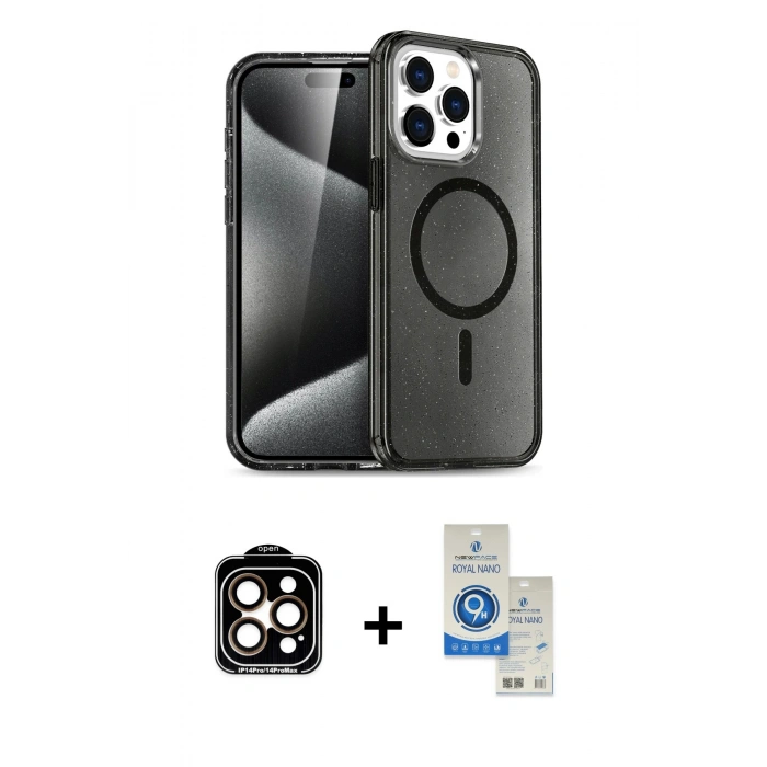 MARSİLYAN™- iPhone 14 Pro Max Kılıf Nova Asil Prime - Şeffaf Royal Nano Ekran Koruyucu + Turuncu PVD Metal Kamera Lens