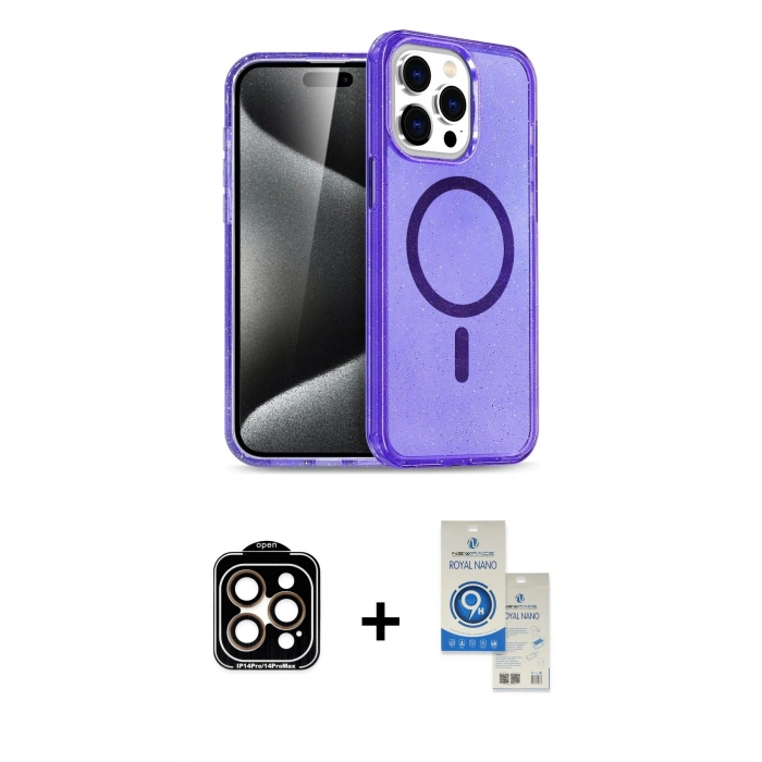 MARSİLYAN™- iPhone 14 Pro Max Kılıf Nova Asil Prime - Şeffaf Royal Nano Ekran Koruyucu + Turuncu PVD Metal Kamera Lens