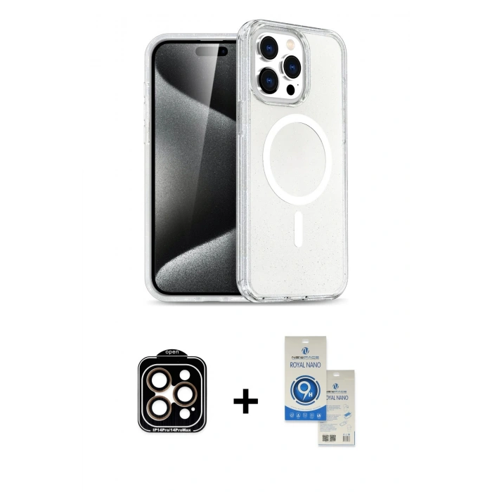 MARSİLYAN™- iPhone 14 Pro Max Kılıf Nova Asil Prime - Şeffaf Royal Nano Ekran Koruyucu + Turuncu PVD Metal Kamera Lens