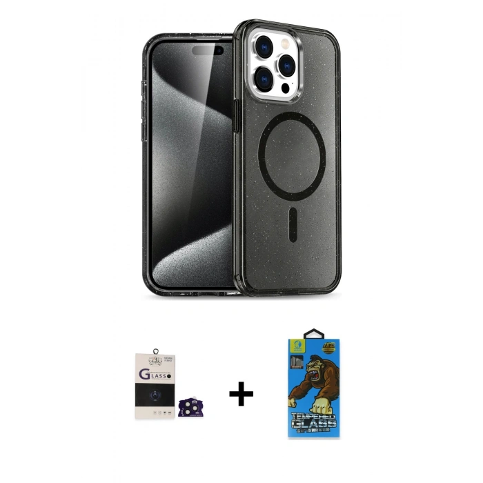 MARSİLYAN™- iPhone 14 Pro Max Kılıf Nova Asil Prime - Siyah 18D Cam Ekran Koruyucu + Bilvis Titan Kamera Lens - DNMR