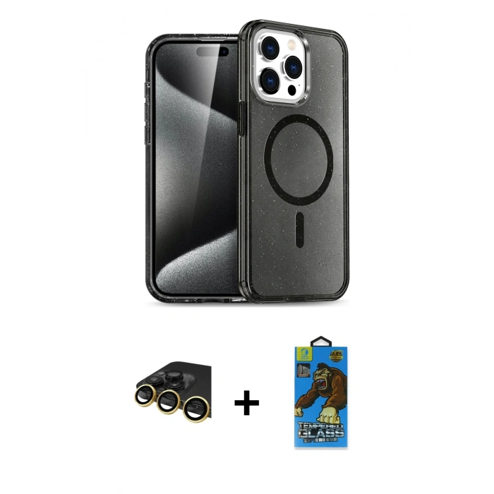 MARSİLYAN™- iPhone 14 Pro Max Kılıf Nova Asil Prime - Siyah 18D Cam Ekran Koruyucu + Raze Metal Kamera Lens - GD