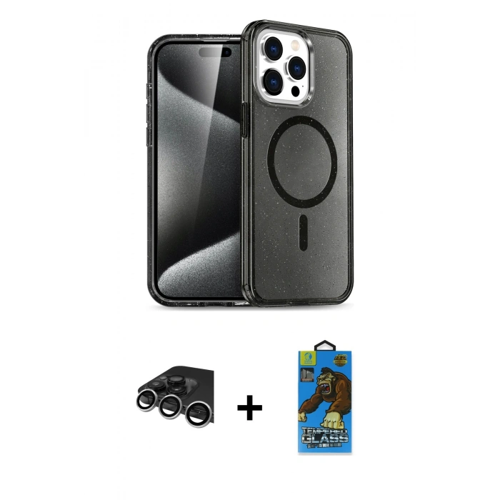 MARSİLYAN™- iPhone 14 Pro Max Kılıf Nova Asil Prime - Siyah 18D Cam Ekran Koruyucu + Raze Metal Kamera Lens - GS