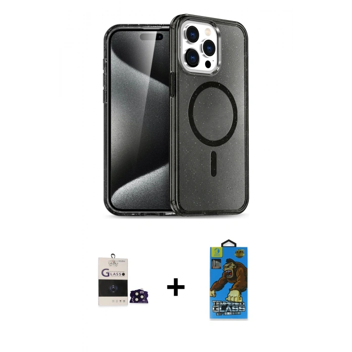 MARSİLYAN™- iPhone 14 Pro Max Kılıf Nova Asil Prime - Siyah 18D Cam Ekran Koruyucu + Siyah Bilvis Titan Kamera Lens