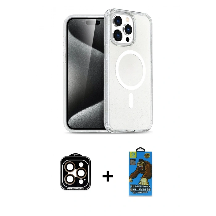 MARSİLYAN™- iPhone 14 Pro Max Kılıf Nova Asil Prime - Siyah 18D Cam Ekran Koruyucu + PVD Metal Kamera Lens - TU