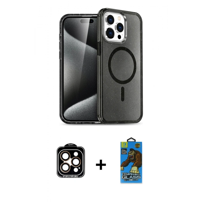 MARSİLYAN™- iPhone 14 Pro Max Kılıf Nova Asil Prime - Siyah 18D Cam Ekran Koruyucu + PVD Metal Kamera Lens - TU