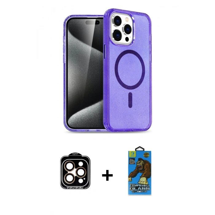 MARSİLYAN™- iPhone 14 Pro Max Kılıf Nova Asil Prime - Siyah 18D Cam Ekran Koruyucu + PVD Metal Kamera Lens - TU