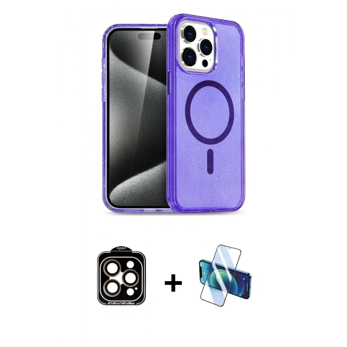 MARSİLYAN™- iPhone 14 Pro Max Kılıf Nova Asil Prime - Siyah 3D Antistatik Cam Ekran Koruyucu + PVD Metal Kamera Lens - TU