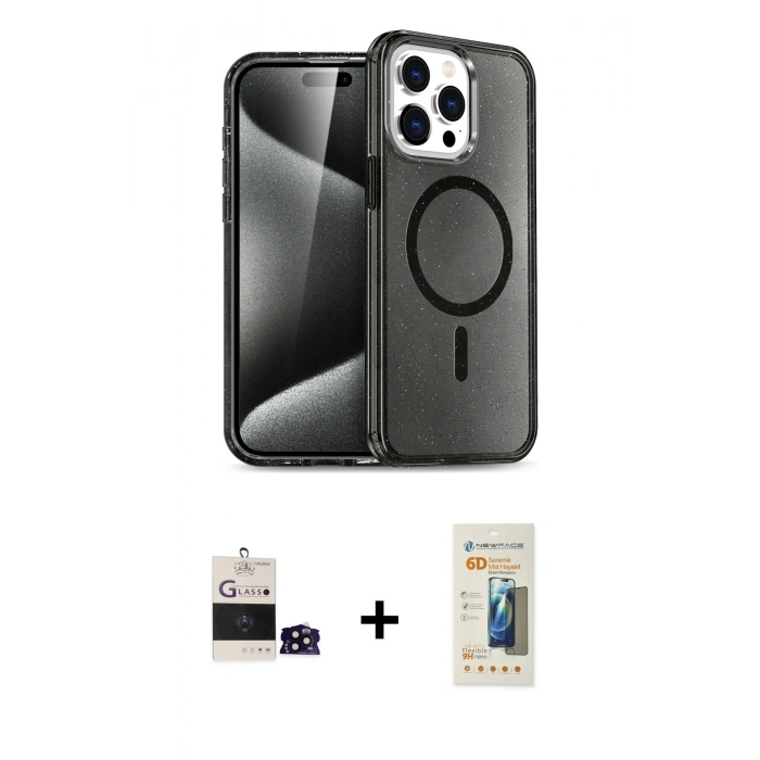 MARSİLYAN™- iPhone 14 Pro Max Kılıf Nova Asil Prime - Siyah 6D Mat Seramik Hayalet Nano Ekran Koruyucu + Bilvis Titan Kamera Lens - SH