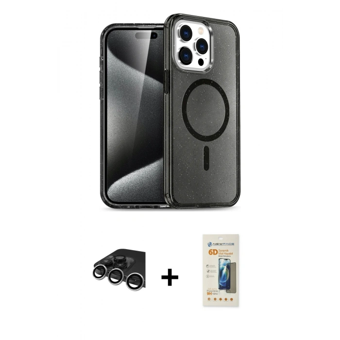 MARSİLYAN™- iPhone 14 Pro Max Kılıf Nova Asil Prime - Siyah 6D Mat Seramik Hayalet Nano Ekran Koruyucu + Gümüş Raze Metal Kamera Lens