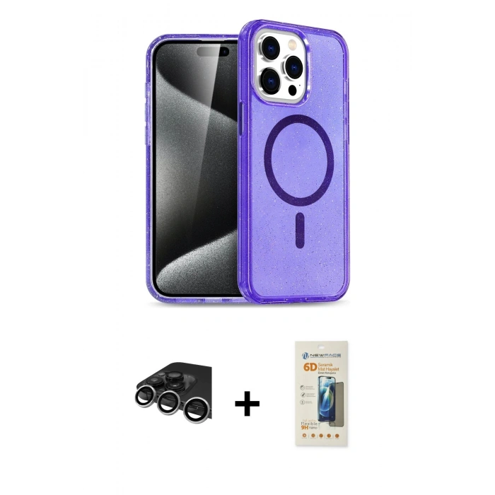 MARSİLYAN™- iPhone 14 Pro Max Kılıf Nova Asil Prime - Siyah 6D Mat Seramik Hayalet Nano Ekran Koruyucu + Gümüş Raze Metal Kamera Lens