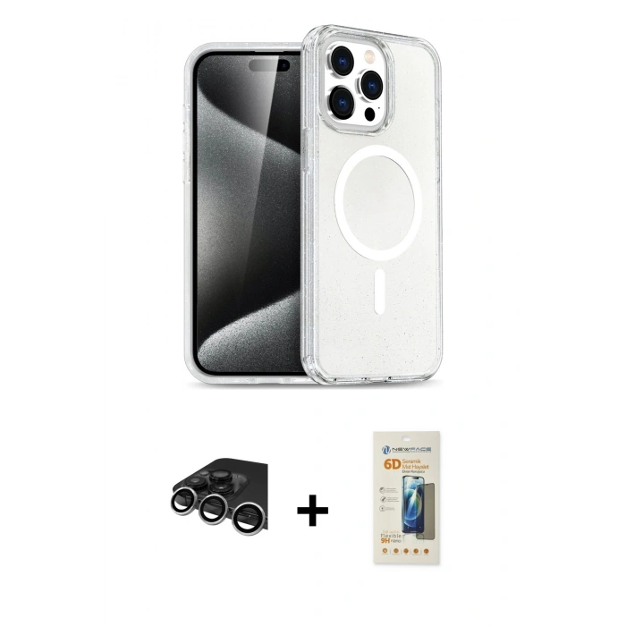 MARSİLYAN™- iPhone 14 Pro Max Kılıf Nova Asil Prime - Siyah 6D Mat Seramik Hayalet Nano Ekran Koruyucu + Gümüş Raze Metal Kamera Lens