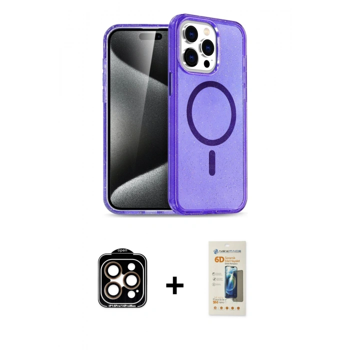 MARSİLYAN™- iPhone 14 Pro Max Kılıf Nova Asil Prime - Siyah 6D Mat Seramik Hayalet Nano Ekran Koruyucu + PVD Metal Kamera Lens - TU