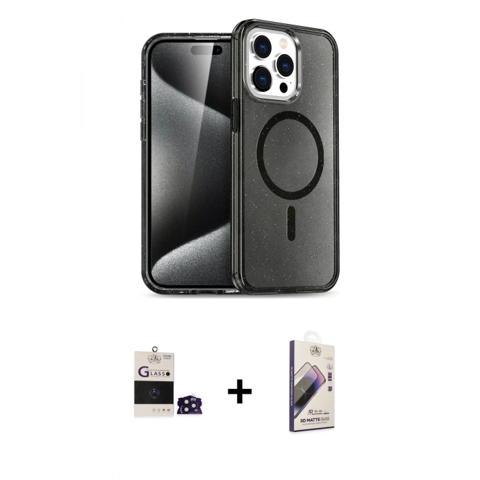 MARSİLYAN™- iPhone 14 Pro Max Kılıf Nova Asil Prime - Siyah Bilvis 3D Mat Cam Ekran Koruyucu + Bilvis Titan Kamera Lens - DNMR