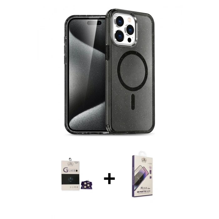 MARSİLYAN™- iPhone 14 Pro Max Kılıf Nova Asil Prime - Siyah Bilvis 3D Mat Cam Ekran Koruyucu + Bilvis Titan Kamera Lens - GD