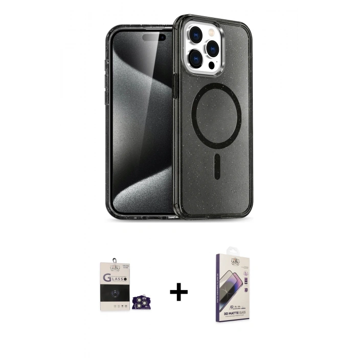 MARSİLYAN™- iPhone 14 Pro Max Kılıf Nova Asil Prime - Siyah Bilvis 3D Mat Cam Ekran Koruyucu + Bilvis Titan Kamera Lens - GS