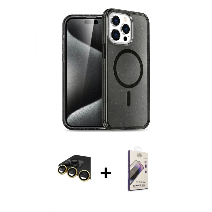 MARSİLYAN™- iPhone 14 Pro Max Kılıf Nova Asil Prime - Siyah Bilvis 3D Mat Cam Ekran Koruyucu + Raze Metal Kamera Lens - GD